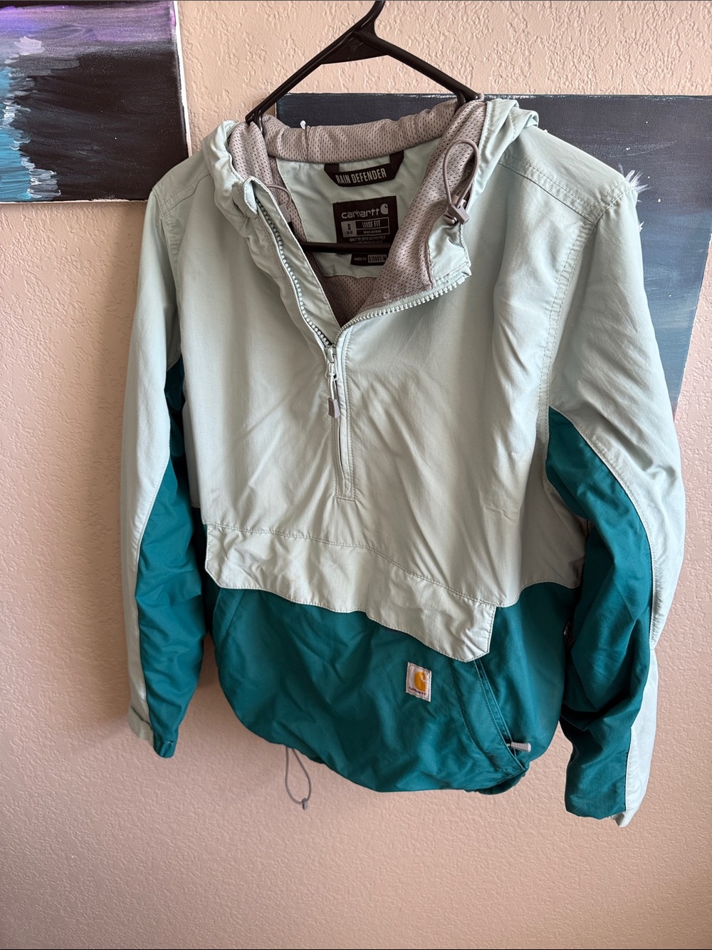 Carhartt Women’s Two-Tone Teal & Light Green Hooded Pullover Raincoat